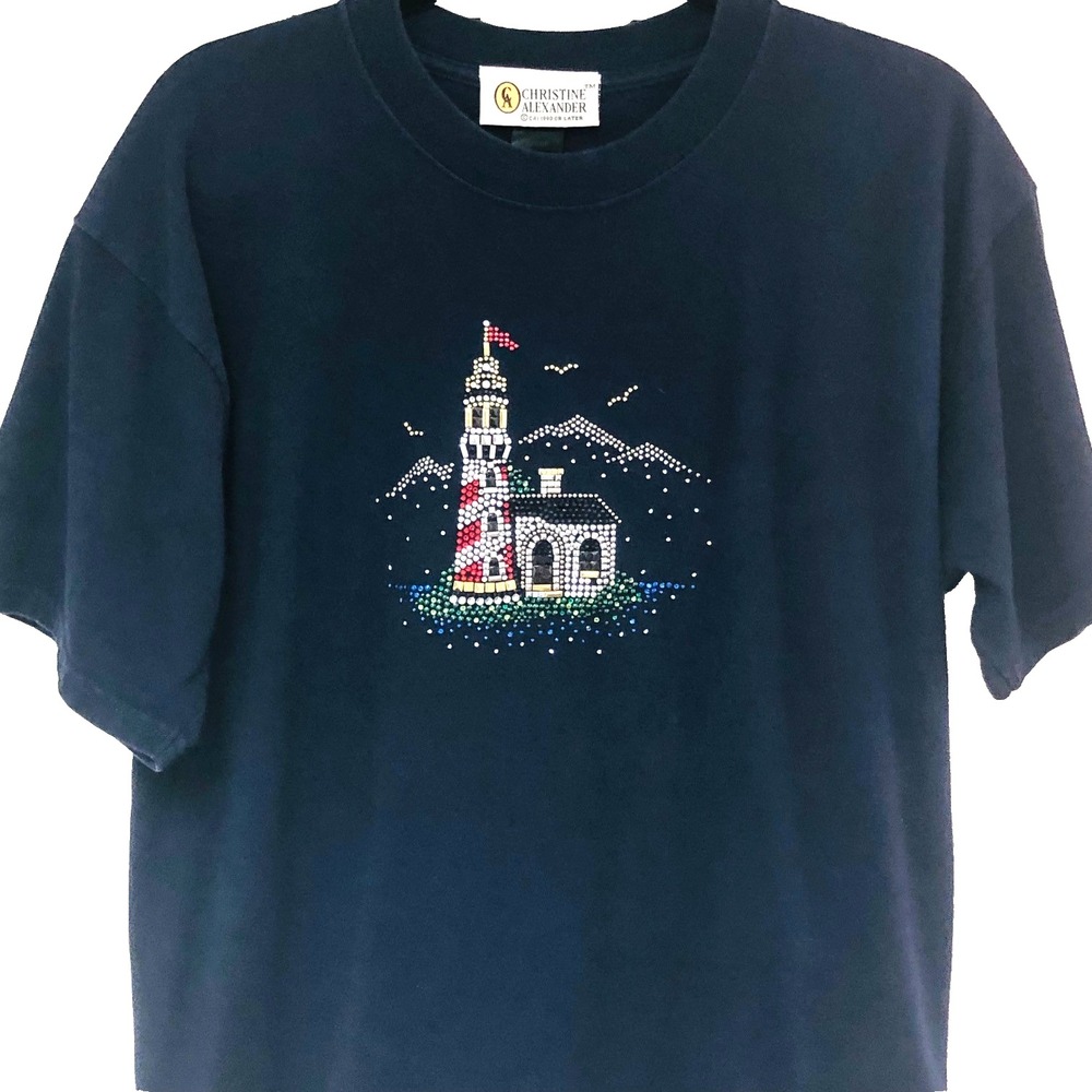Y2K Lighthouse T Shirt Womens L Nvy Nautical Swarovski USA Christine Alexander‎